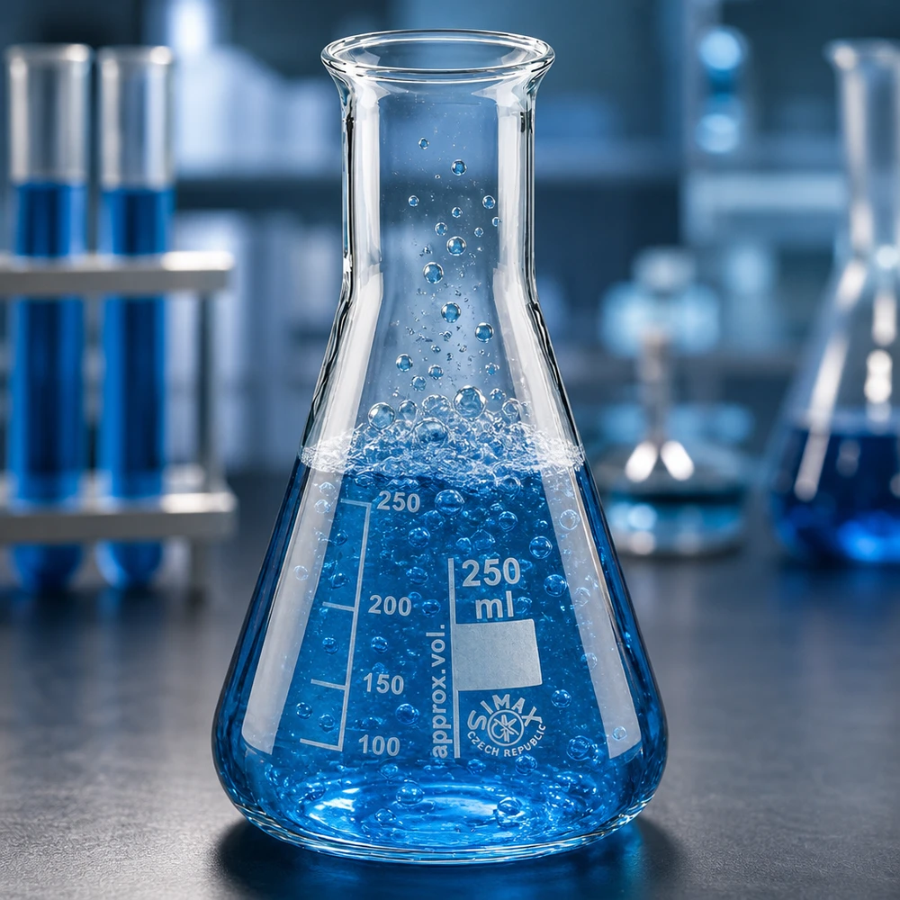 Erlenmeyer-pullo 250ml kapeakaulainen pullo Ammattimainen Erlenmeyer-pullo 250ml, jossa on sininen testineste ja kuplanmuodostus kemian laboratoriossa.