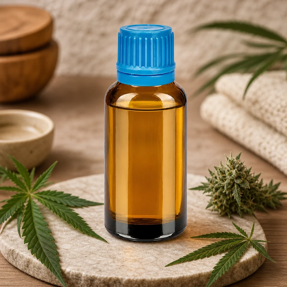 30ml meripihkanvärinen lasipullo, jossa sininen 11mm kierrekorkki ammattimaiseen tuotesäilytykseen.