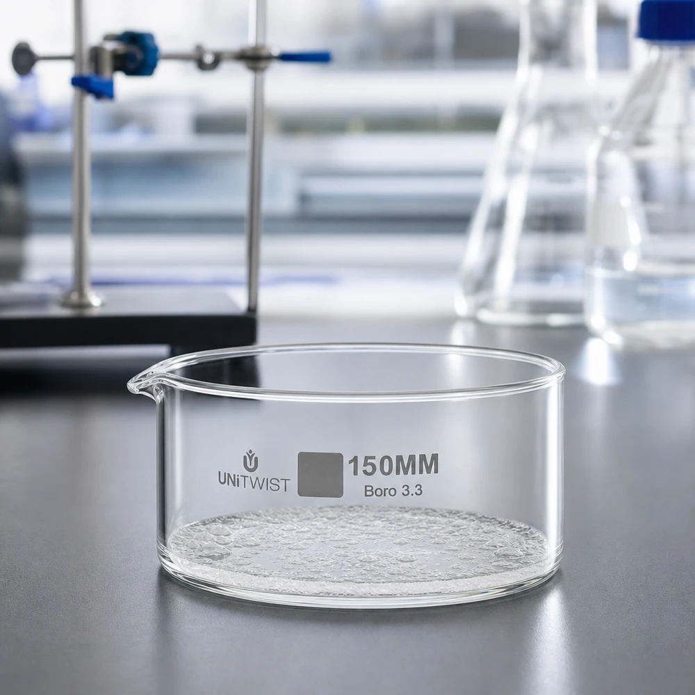 UNiTWIST-kiteytysastia, halkaisija 150 mm, borosilikaattilasi 3.3, tyhjä, laboratoriopöydällä laboratoriolaitteiden kanssa