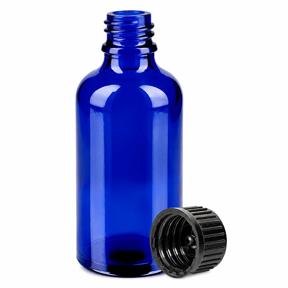 50ml pullo 11mm kierrekorkki musta vakio BlueLine UT18/50 Sininen 50ml lasipullo, jossa on kierrekorkki farmaseuttisille tuotteille ja tinktuureille.