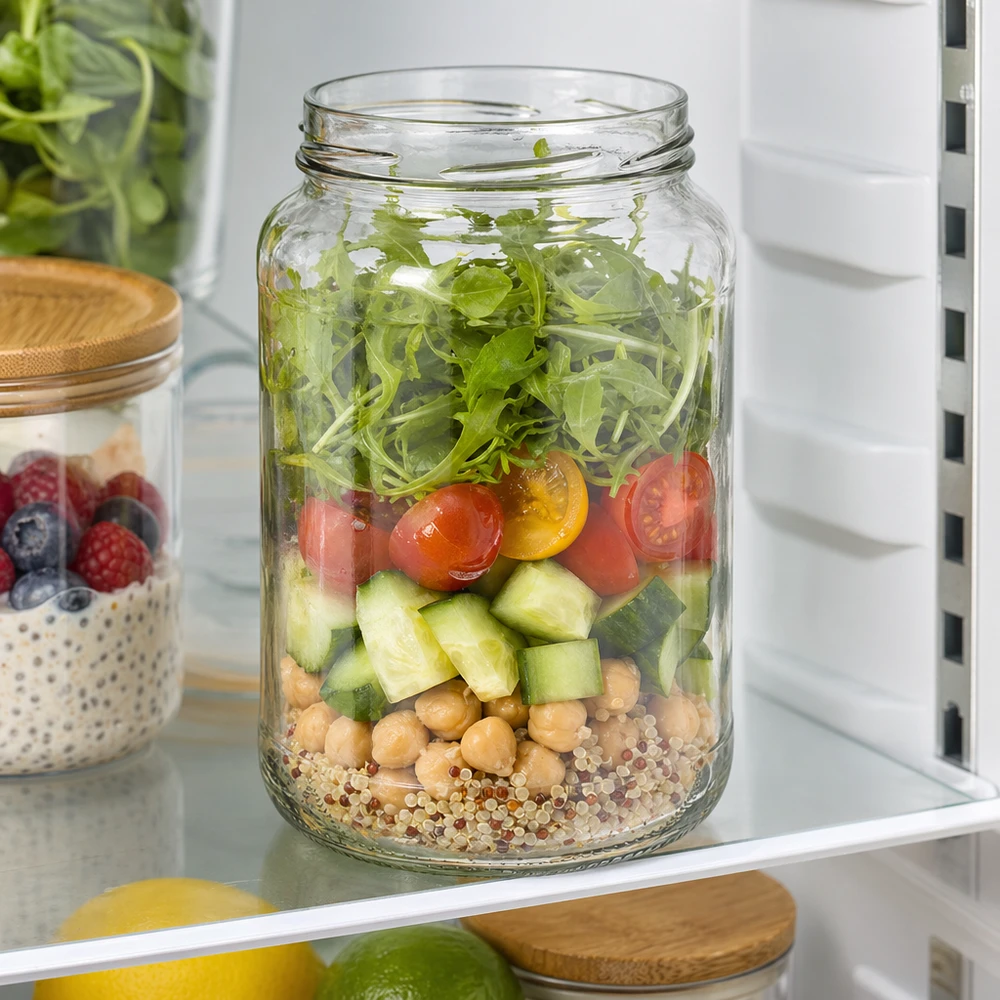 1700ml pyöreä purkki ilman kantta (TO100) UNiTWIST UNiTWIST Runda1700 juomapullot 1700ml TO100 kerroksittaisen salaatin kanssa quinoa kikherneet kurkku tomaatit rucola jääkaapissa