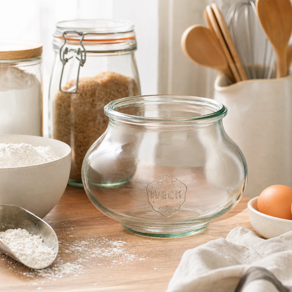 560 ml:n WECK RR80 -koristepurkki WECK koristeellinen purkki 560ml RR80 tyhjä purkki keittiössä, jossa on leivonta-aineita jauhoja munia ja puisia välineitä