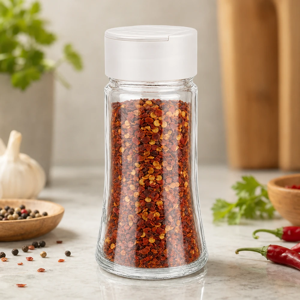 Lasinen maustepurkki 95 ml, täytetty chilihiutaleilla, valkoinen muovikansi, kaksoisannostelija