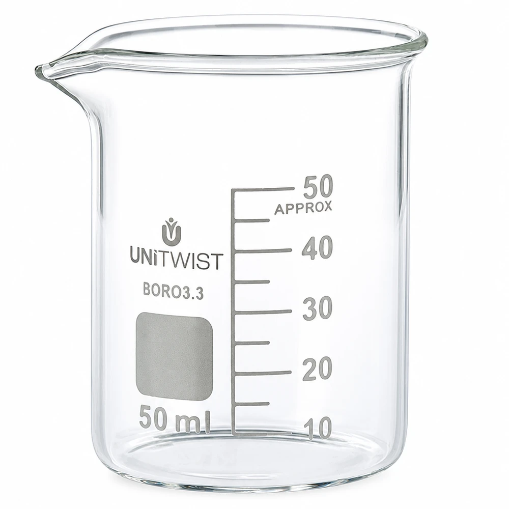 50 ml:n dekantterilasi, borosilikaatti, matala muotti UNiTWIST 50 ml:n borosilikaattilasinen koeputki, matala malli, asteikolla, UNiTWIST BORO 3.3, läpinäkyvä