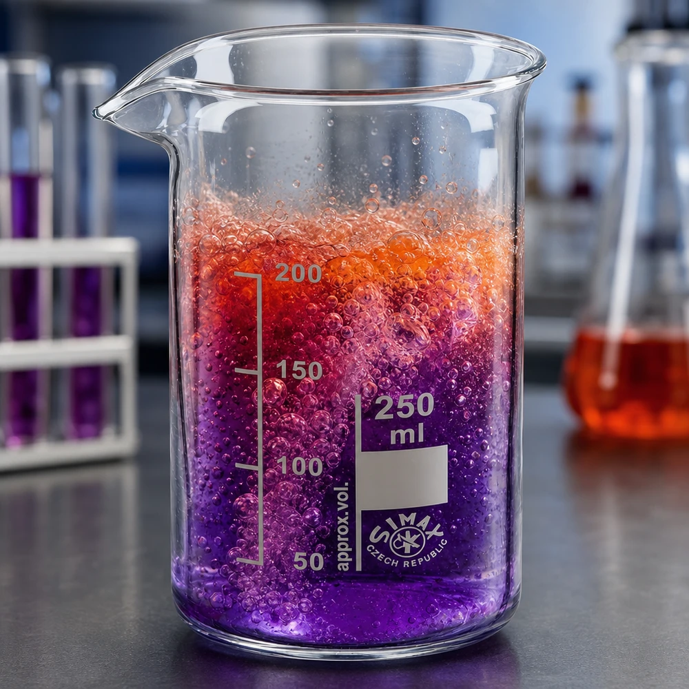 250 ml:n korkea koeputki, jossa on violetti-oranssia reaktioliuosta ja kuplien muodostumista laboratoriossa