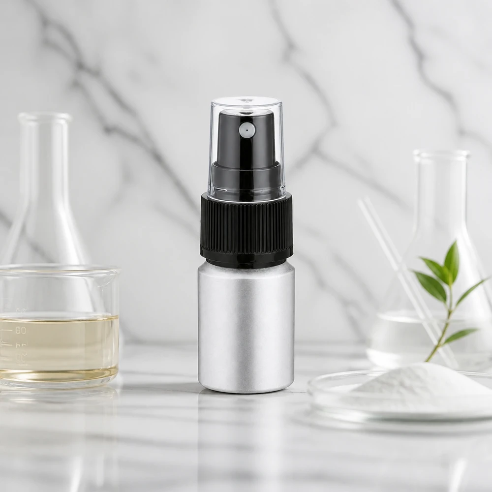 Pieni 10ml alumiininen suihkepullo sumuttimella liikkeelle hopeanvärinen mattapintainen