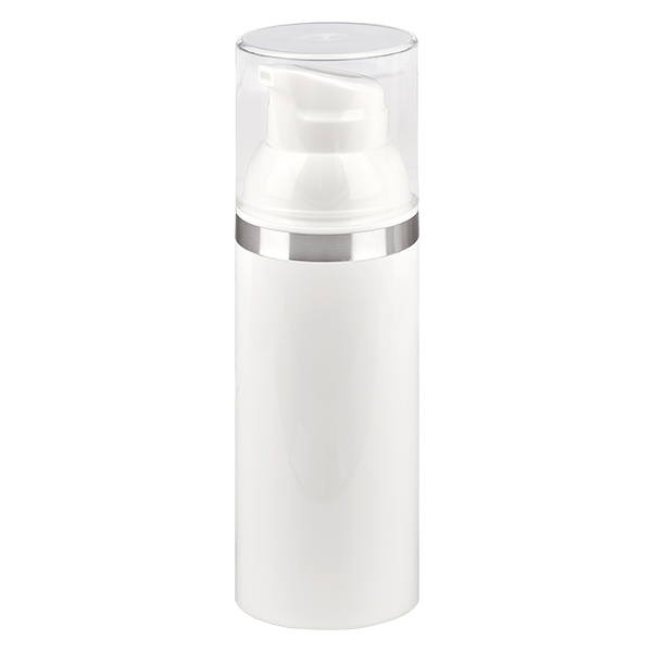 50ml airless-annostelija valkoinen, jossa on hopeinen kohokuviointi 50ml airless-annostelija valkoinen, jossa on hopeinen kohokuviointi