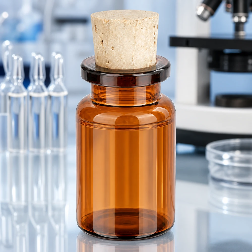 Meripihkanvärinen lasipullo 5 ml korkilla 11/14mm Robuste Braunglas Probenflasche 5ml mit Korkverschluss für pharmazeutische Anwendungen