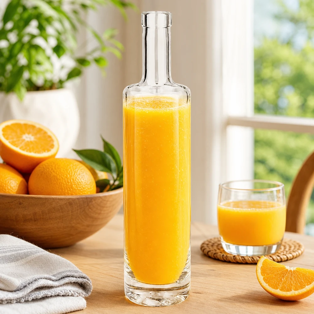 500ml Glasflasche "Centurio" ohne Verschluss UNiTWIST® 500ml Glasflasche Lina mit frischem Orangensaft gefüllt zwischen Orangen und Glas in sonniger Küchenatmosphäre Bild 7