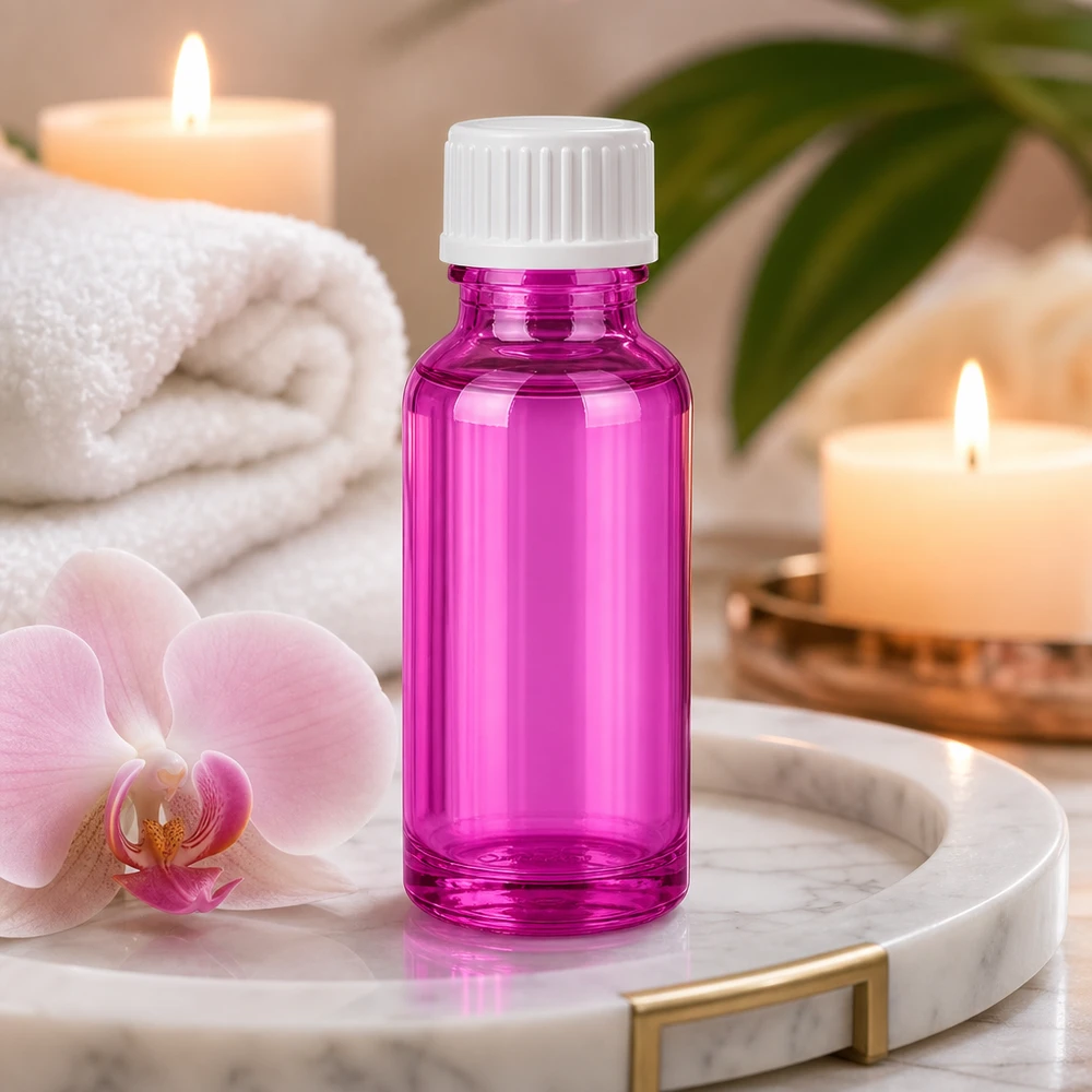 Elegantti 20ml tippapullo kirkkaan violetilla ja valkoisella ruuvikorkilla aromaterapiaan
