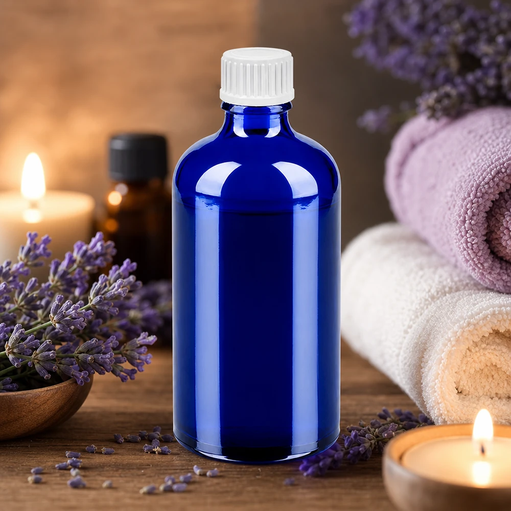 Laadukas 100ml tippapullo sinisestä lasista valkoisella vakiokorkilla BlueLine UT18/100