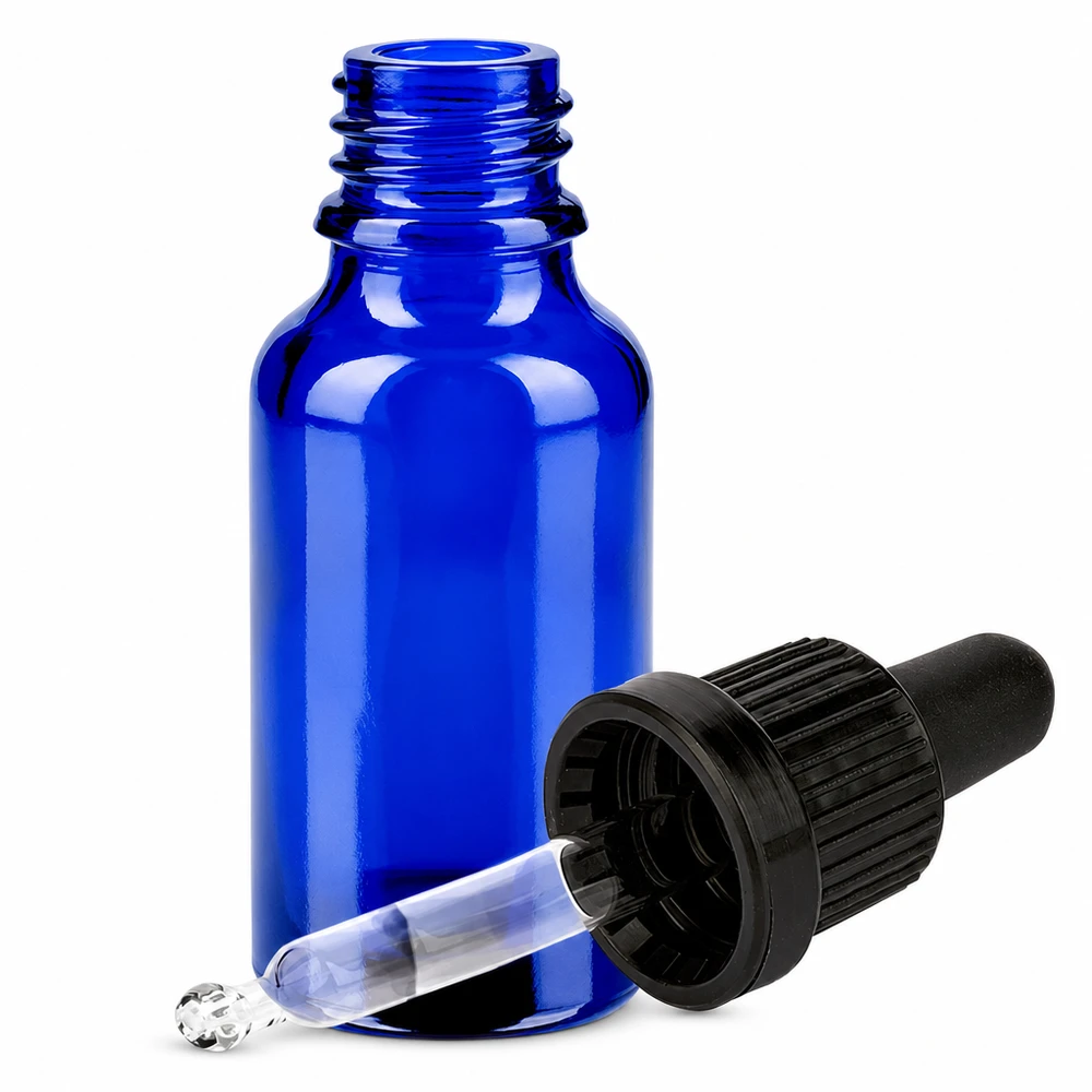 20ml pipettipullo musta tamper-evident-korkki BlueLine UT18/20 Sininen 20ml lasipullo tippapipetillä ja mustalla korkilla eteerisiä öljyjä ja kosmetiikkaa varten.