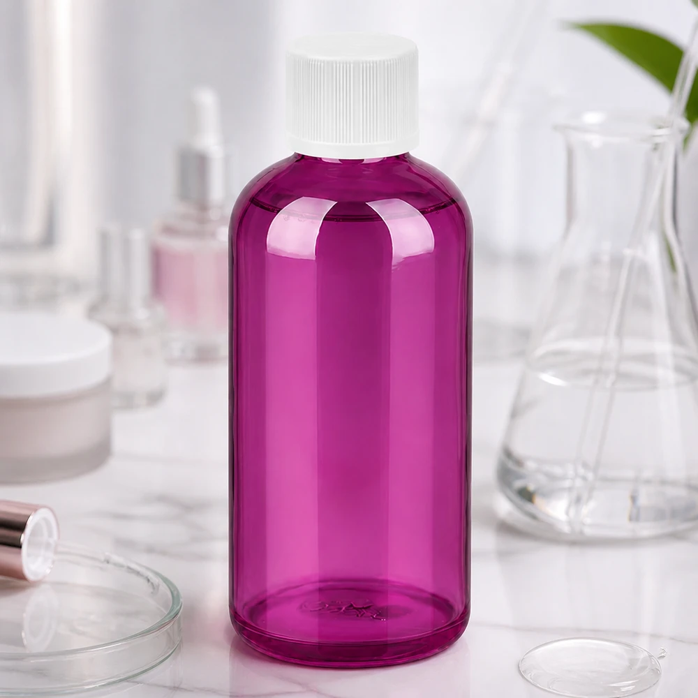 Pieni 100 ml:n pullo tyylikkäässä violetissa värissä, jossa on käytännöllinen kierrekorkki liikkuviin sovelluksiin.