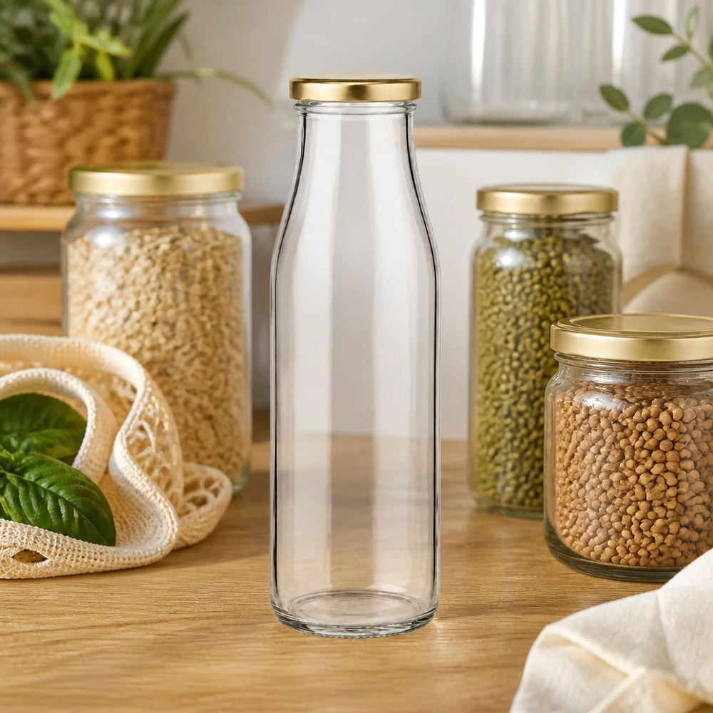 500ml lasipullo + BasicSeal-kansi kultainen UNiTWIST 500ml Glasflasche BasicSeal gold in moderner Küche zwischen Vorratsgläsern mit Hülsenfrüchten Zero Waste Lifestyle
