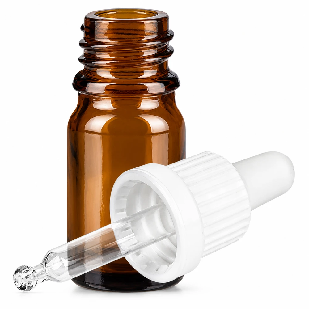 5ml pipettipullo valkoinen tamper-evident-suljin BrownLine UT18/5 Ruskea lasipullo 5ml pipetillä ja OV BrownLine -korkilla ammattikäyttöön.