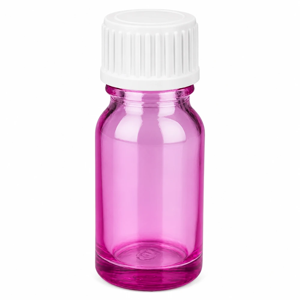 10ml violetti lasipullo valkoisella kierrekorkilla eteerisille öljyille ja kosmetiikalle.