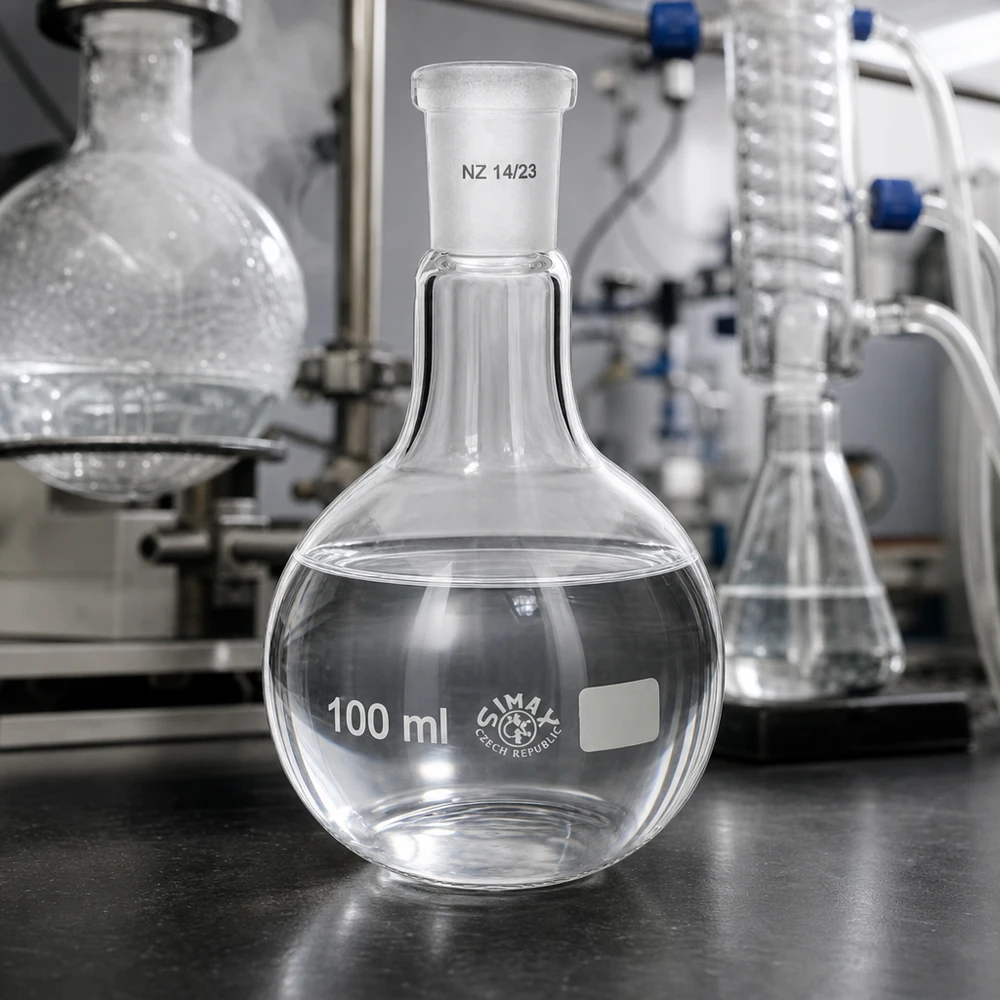 Läpinäkyvä 100 ml:n seisovapullo, jossa on jauhettu liitosmerkintä NZ 14/23 ammattikäyttöön tarkoitettuihin laboratoriovarusteisiin.