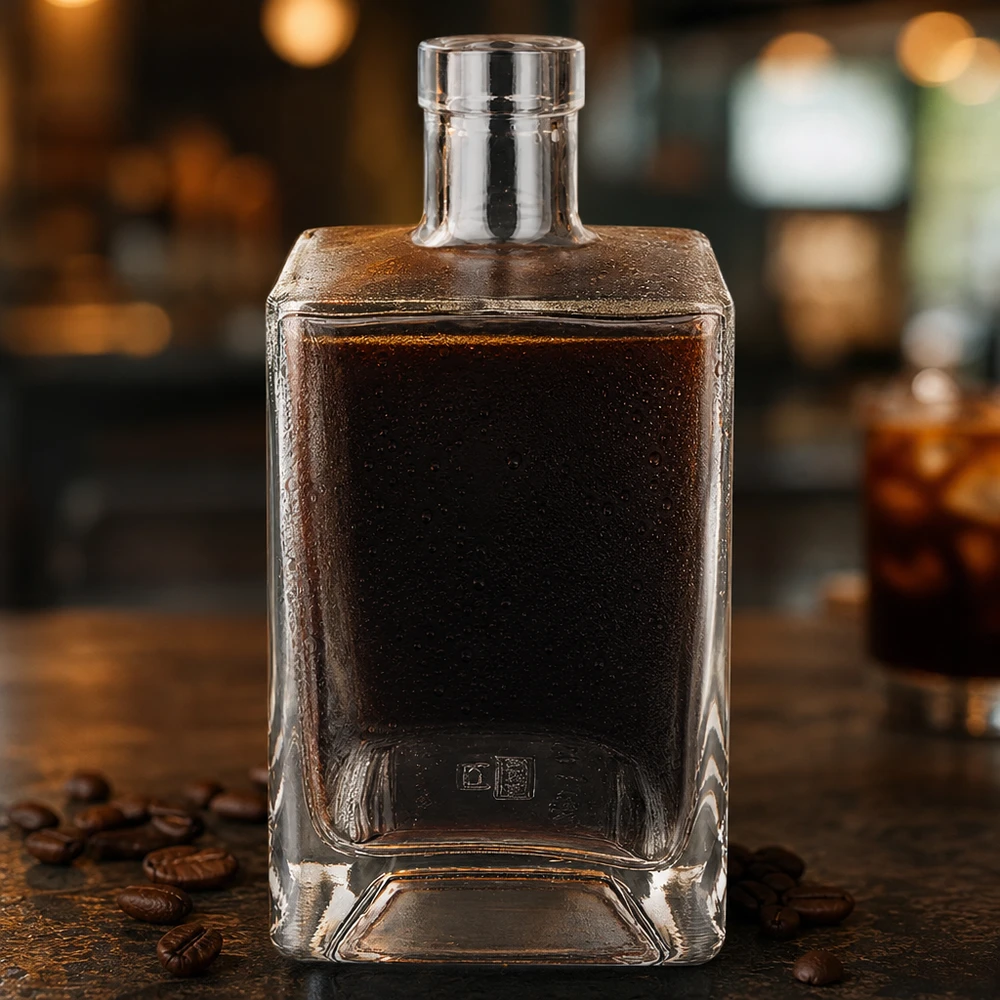 700ml Glasflasche "Gali" ohne Verschluss UNiTWIST® 700ml Ben-lasipullo, joka on täytetty tummalla kahviliköörillä maalaismaisella puupöydällä, jossa on kahvipapujen baaritunnelma.
