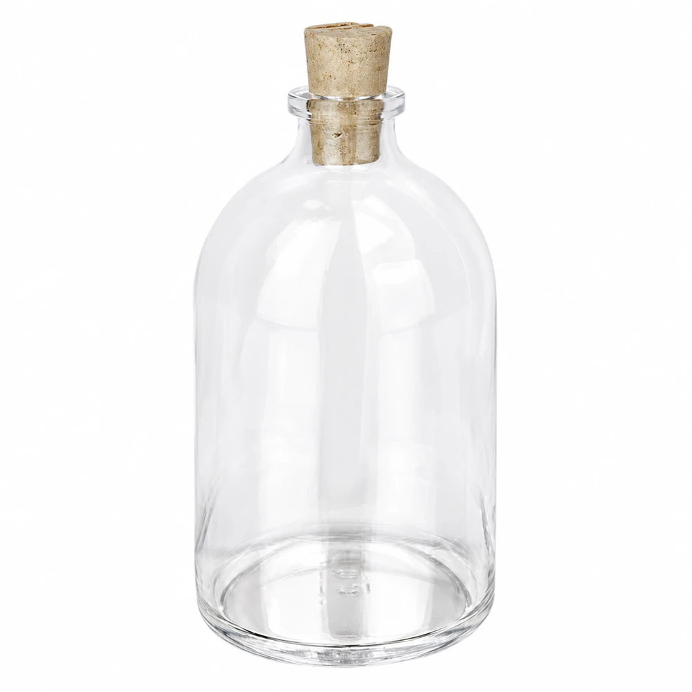 Kirkas lasipullo 100ml, jossa on korkki 11/14mm Glasflasche 100ml Klarglas mit Naturkorken 11/14mm bauchige Form mit schmalem Hals