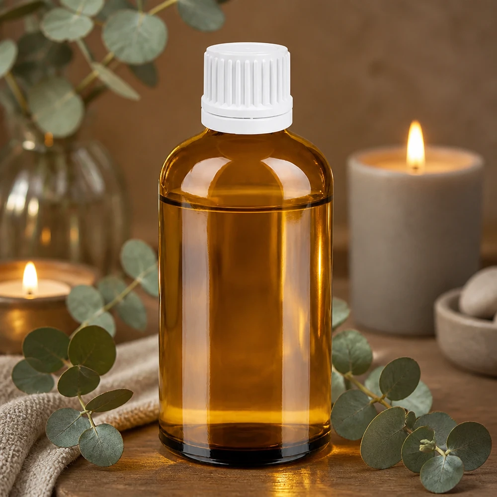 Ruskea lasipullo 100ml valkoisella kierrekorkilla eteerisiä öljyjä ja aromaterapiaa varten.