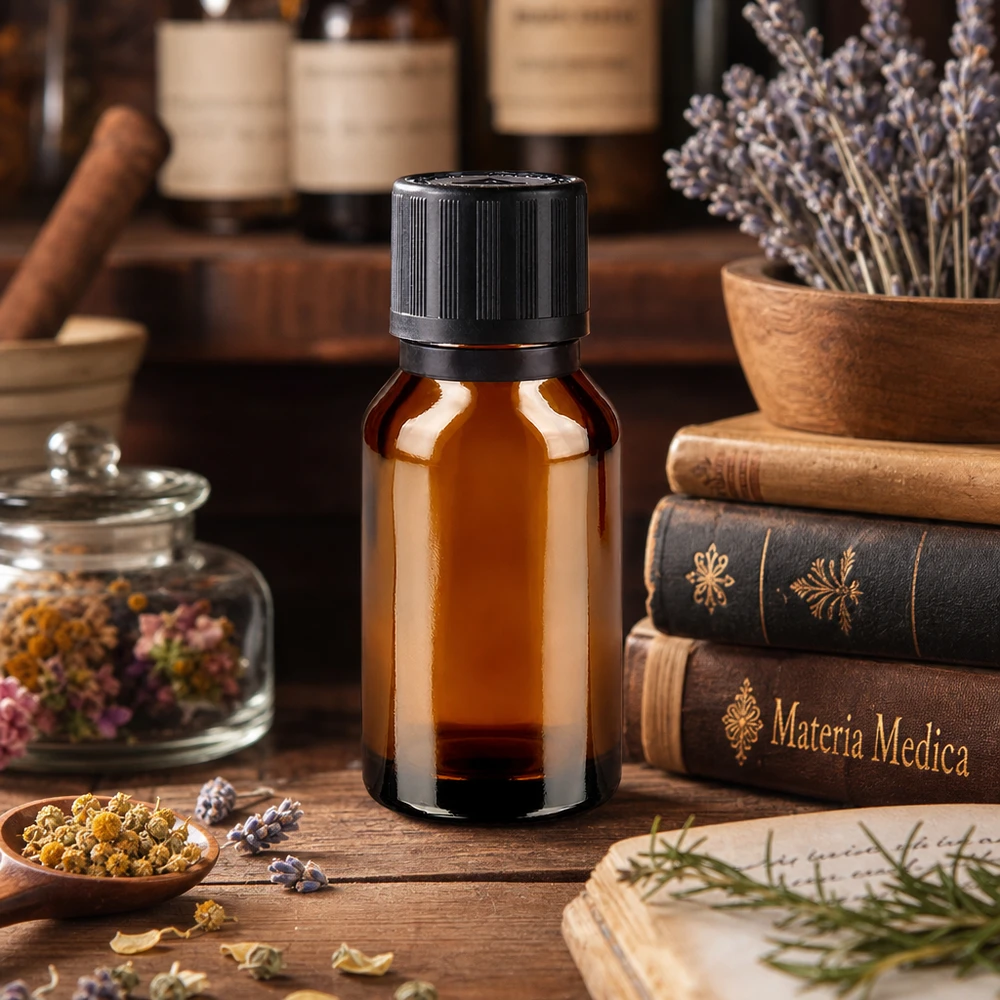 Apteekkipullo ruskea 15ml tiputuskorkki Kaatumisrengas 1mm musta Lapsilukko Sokkovaroitussymboli Tamper evident sulkeminen. 15 ml:n ruskealasiinen apteekkipullo, jossa on tarkkuustippapullo, rustiikkisella puupöydällä Materia Medica -kirjojen vieressä