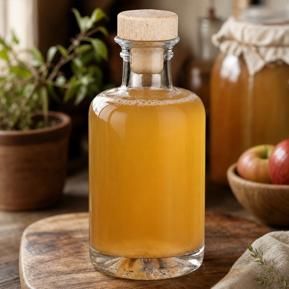 100ml Glasflasche Sofia mit Holzkorken gefüllt mit Apfelsaft neben Äpfeln in warmer Küchen-Atmosphäre Lifestyle