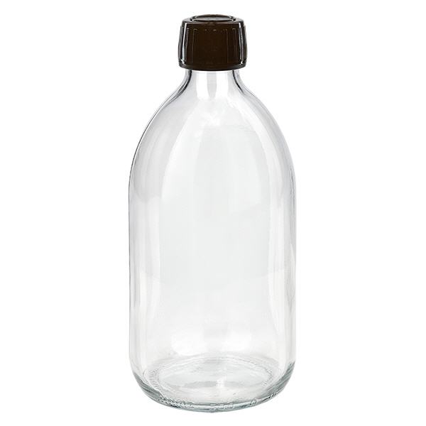 500ml lääkepullo kirkas, korkki ruskea, jossa peukaloinninestorengas ApoGlas. 500ml lääkepullo kirkas, korkki ruskea, jossa peukaloinninestorengas ApoGlas.