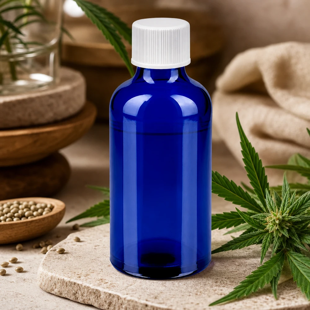 Kompakti 50ml apteekkipullo sinisestä lasista, jossa on UV-suoja ja valkoinen 11mm korkki.
