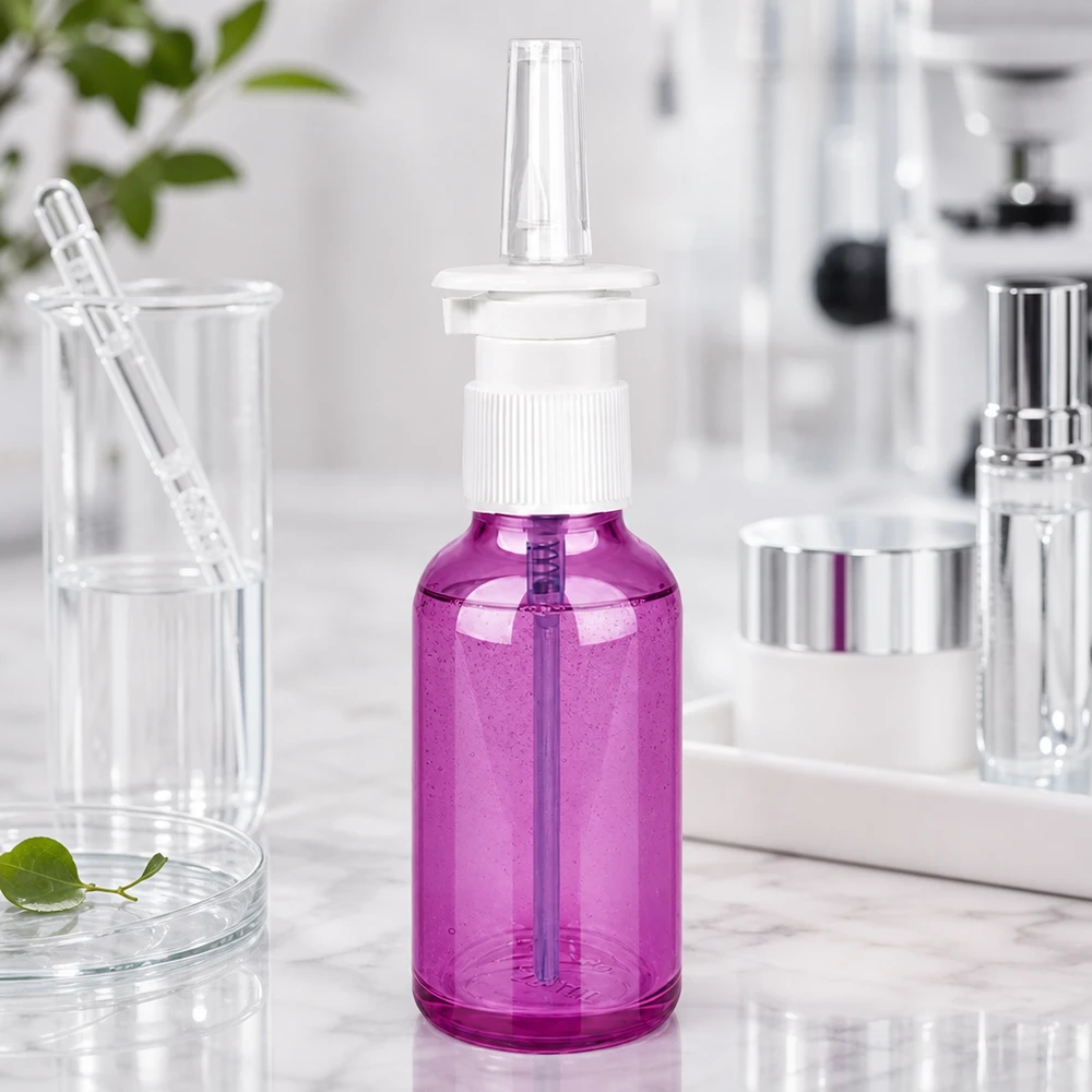 Kompakti 30 ml:n nenäsumutepullo läpinäkyvästä muovista, moderni violetti muotoilu jokapäiväiseen käyttöön.