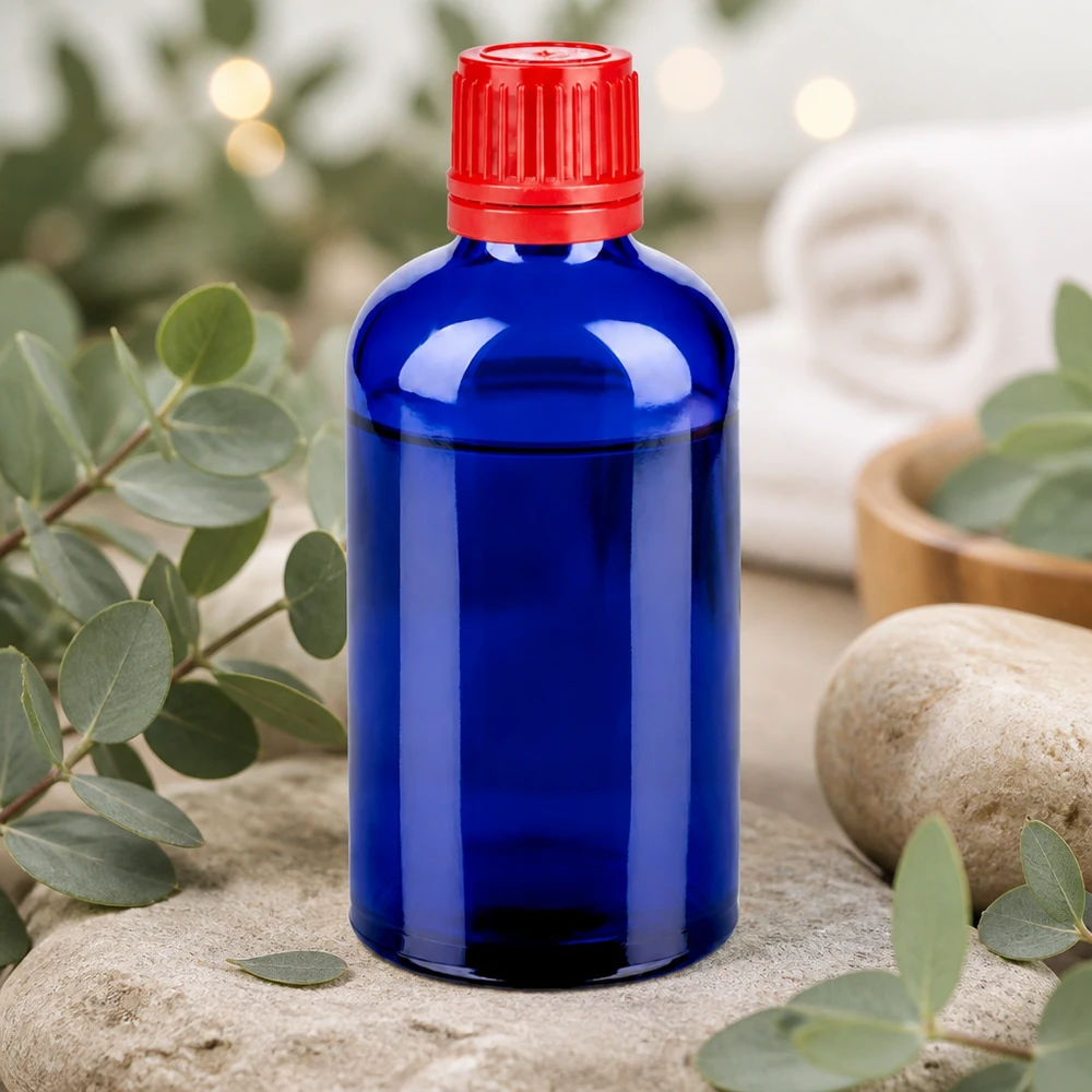 100ml pullo 11mm kierrekorkki punainen väärentämisen estävä sulkeminen BlueLine UT18/100 Laadukas 100ml lasipullo koboltinsininen, jossa käytännöllinen 11mm kierrekorkki SV punainen.