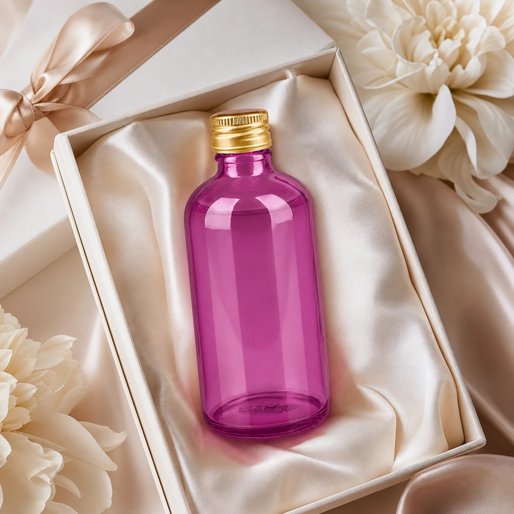 Violetti lasipullo 100ml, jossa on kultainen korkki, tyylikkäässä lahjapakkauksessa, jossa on satiininauha.