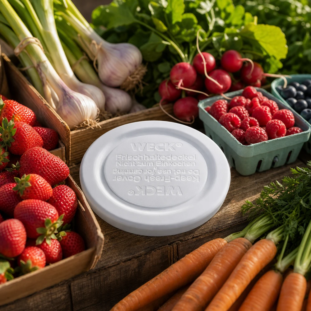 WECK Fresh-keeping-kansi RR40 WECK RR40 keep-fresh-kansi tuoreiden vihannesten ja marjojen välissä - ihanteellinen mansikoiden ja porkkanoiden säilytykseen.