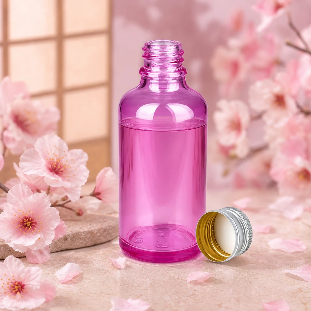 Elegantti 50ml pullo violetista lasista, jossa on alumiini-hopea korkki korkealaatuiselle kosmetiikalle.