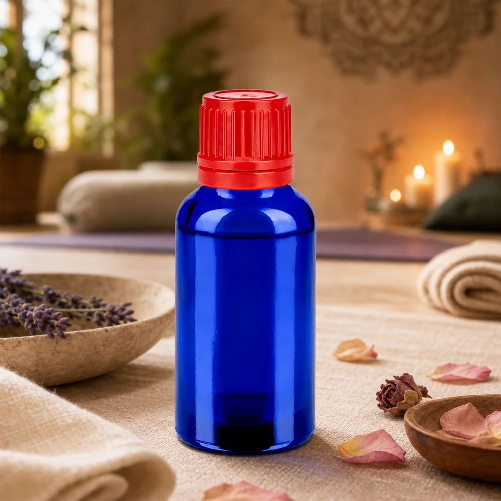 Ensiluokkainen 30ml lasipullo, jossa on UV-suoja sinisen lasin ja lapsiturvallisen punaisen korkin ansiosta.