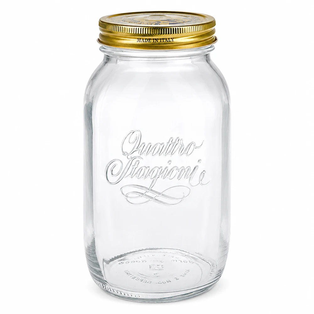 1500ml pyöreä purkki "Quattro Stagioni", jossa on kansi. 1500ml Quattro Stagioni Rundglas mit goldenem Deckel - elegantes italienisches Einmachglas für Küche und Vorratshaltung