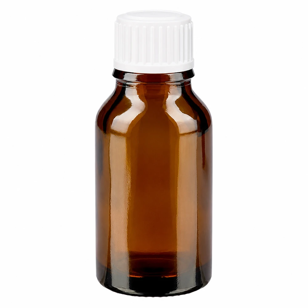 30 ml:n ruskea lasinen apteekkipullo, jossa on valkoinen 11 mm:n vakiokokoinen kierrekorkki