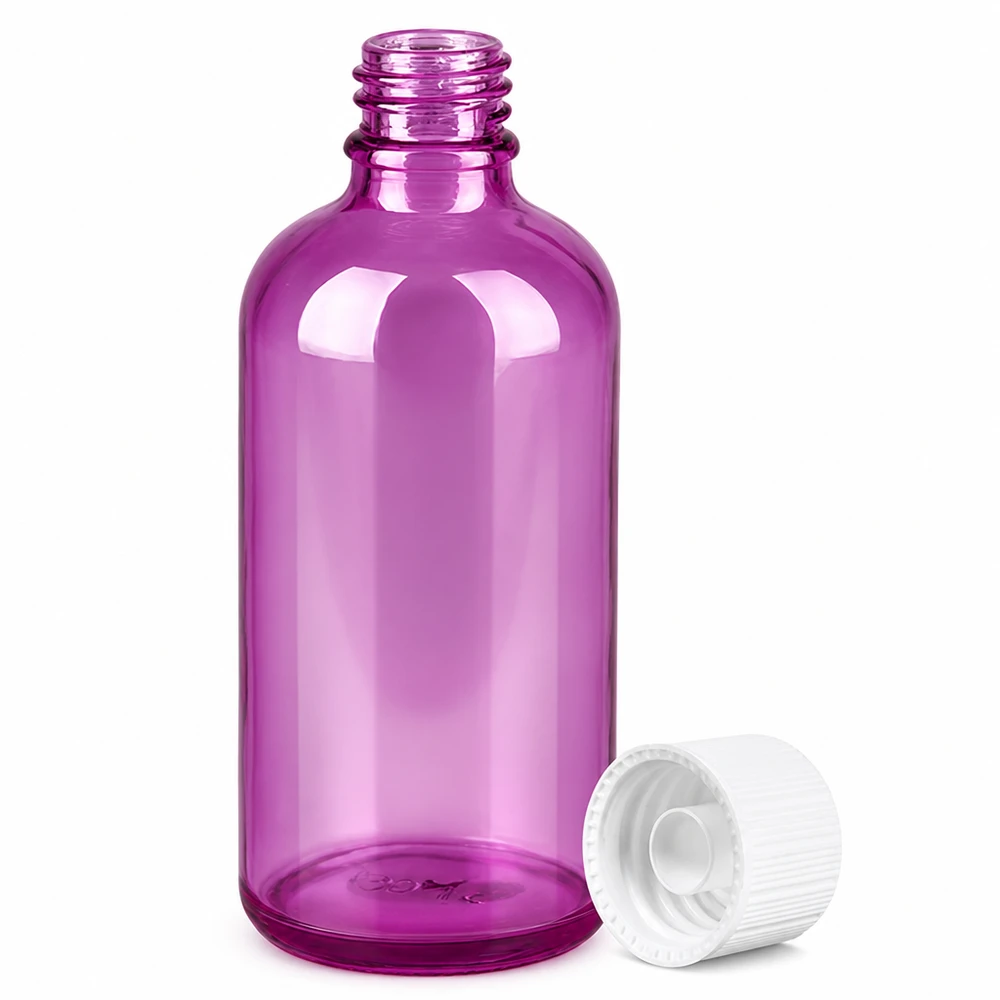 100ml pullo 11mm kierrekorkki valkoinen vakio PurpleLine UT18/100 Violetti 100ml tippapullo tavallisella kierrekierteellä eteerisille öljyille ja seerumeille.