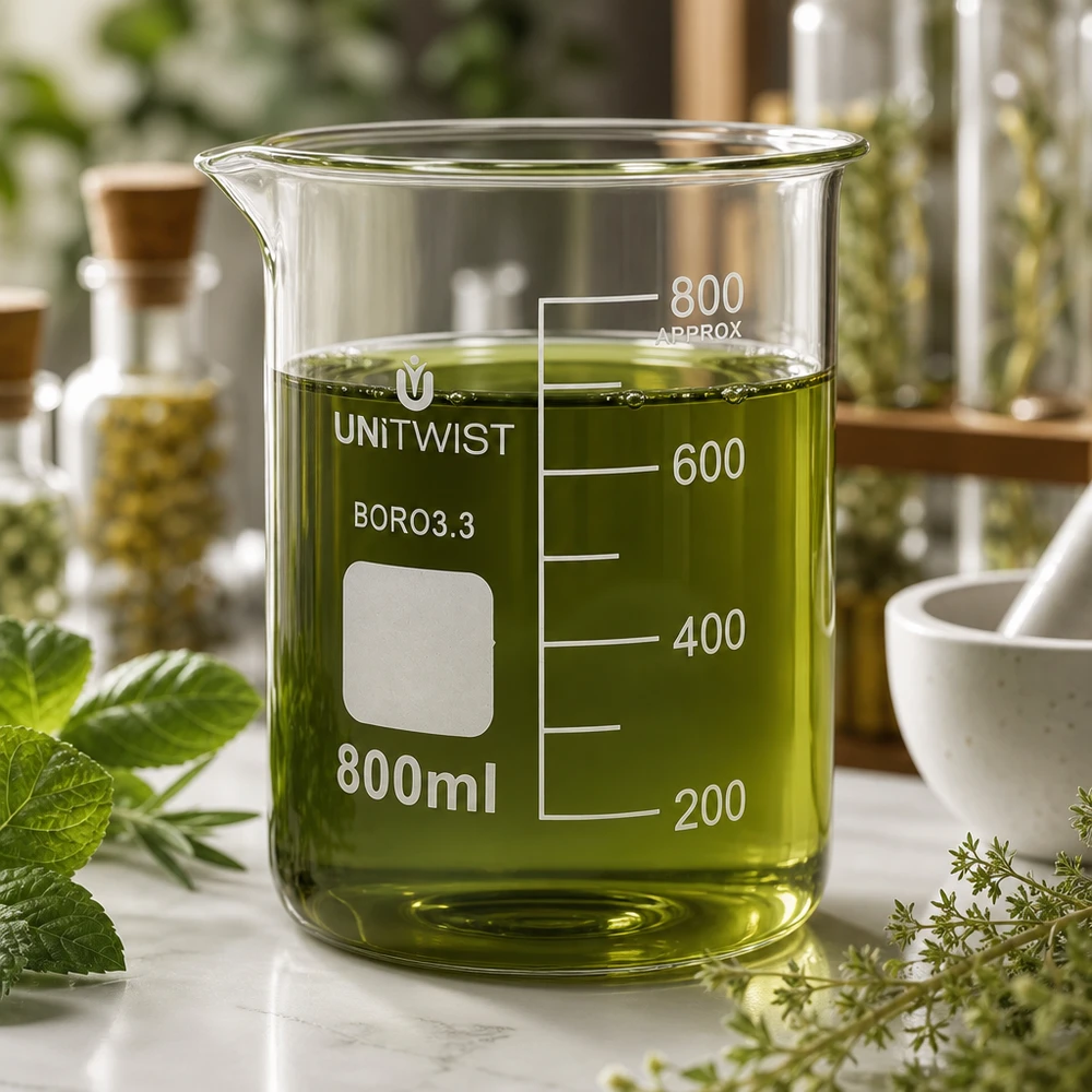 800 ml borosilikaattilasi, matala muotti UNiTWIST UNiTWIST-lasikuppi 800 ml, borosilikaattia, matala malli, jossa on vihreää yrttiuutetta ja jota ympäröivät tuoreet yrtit