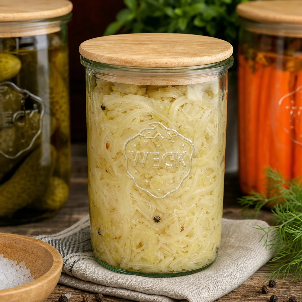 1000ml WECK RR100 juomalasit puukannella varustettuna WECK säilöntäpurkki 1000ml täynnä hapankaalia ja puukansi suolakurkkujen ja porkkanoiden vieressä Käyminen