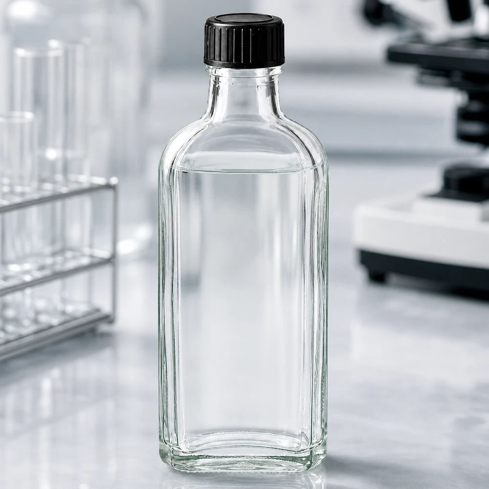 Suorakulmainen, kirkas 100 ml:n lasipullo, jossa on LKD-tiivistelevy ja musta korkki, laboratoriossa