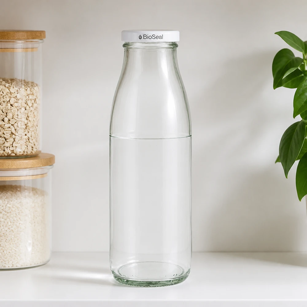 500ml lasipullo + BioSeal-kansi valkoinen UNiTWIST 500 ml:n lasipullo, jossa on BioSeal-korkki, keittiössä, mysliä ja viherkasveja sisältävien säilytyspurkkien vieressä.