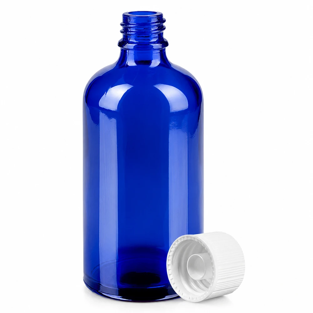 100ml pullo 11mm kierrekorkki valkoinen Standard BlueLine UT18/100 100ml koboltinsininen apteekkipullo 11mm kierteellä ja valkoisella korkilla tarkkaa annostelua varten.