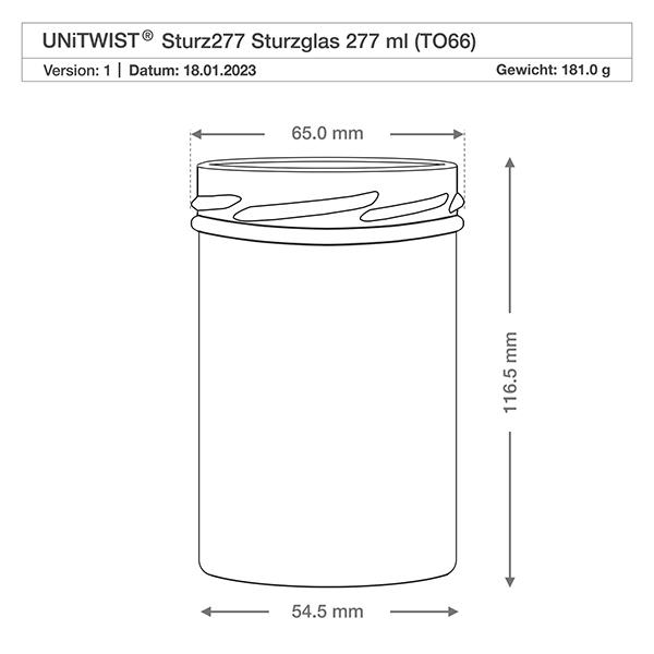 277ml juomalasit ilman kantta (TO66) UNiTWIST UNiTWIST Sturz277 tumblers 277ml TO66 teknisen piirustuksen kanssa Mitat 65mm halkaisija 116.5mm korkeus Paino 181g