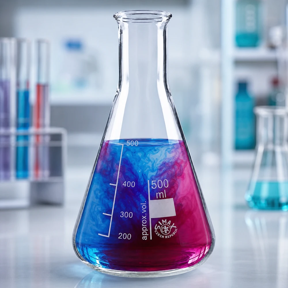 Erlenmeyer-pullo 500ml kapeakaulainen sini-violetti väriseos ammattimaisessa laboratorioympäristössä.