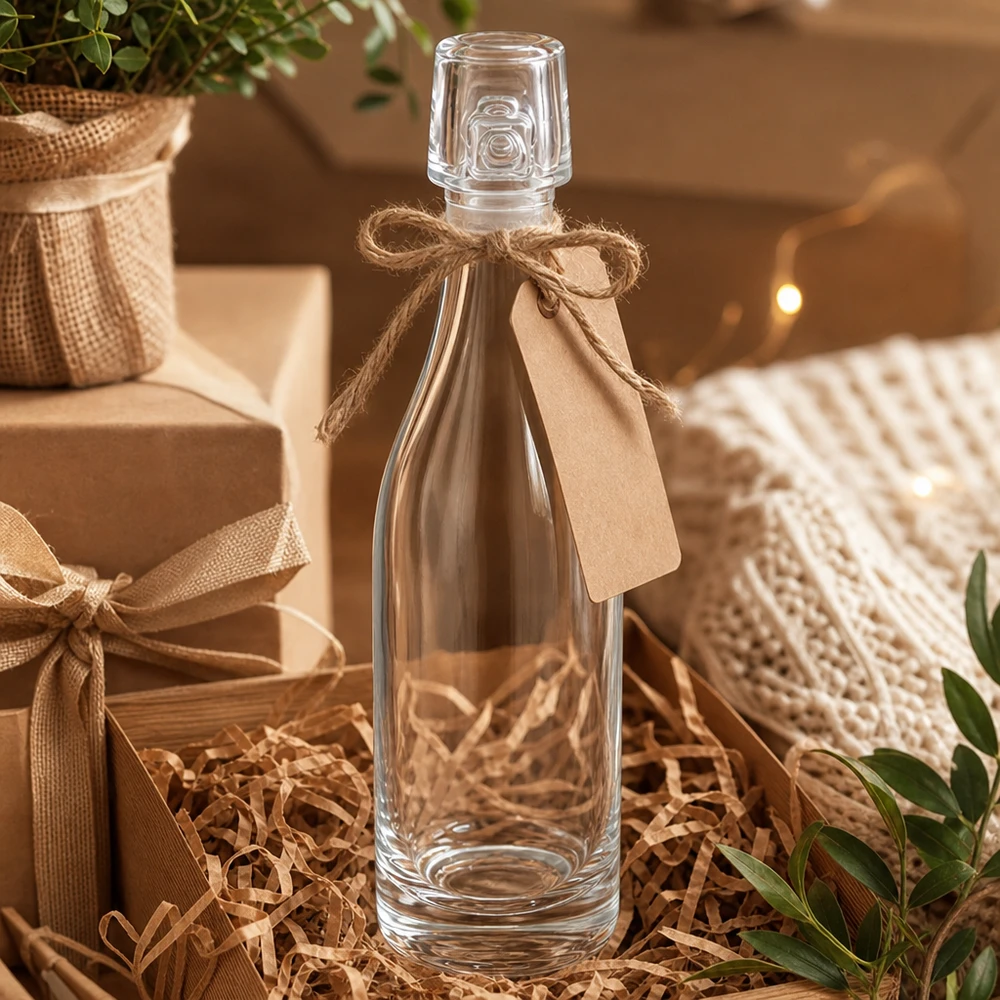 50ml lasipullo ilman kääntökorkkia UNiTWIST 50ml lasipullo UNiTWIST lahjapakkaus, jossa juuttinarua ja tagi lahjapakkauksessa oljen kanssa
