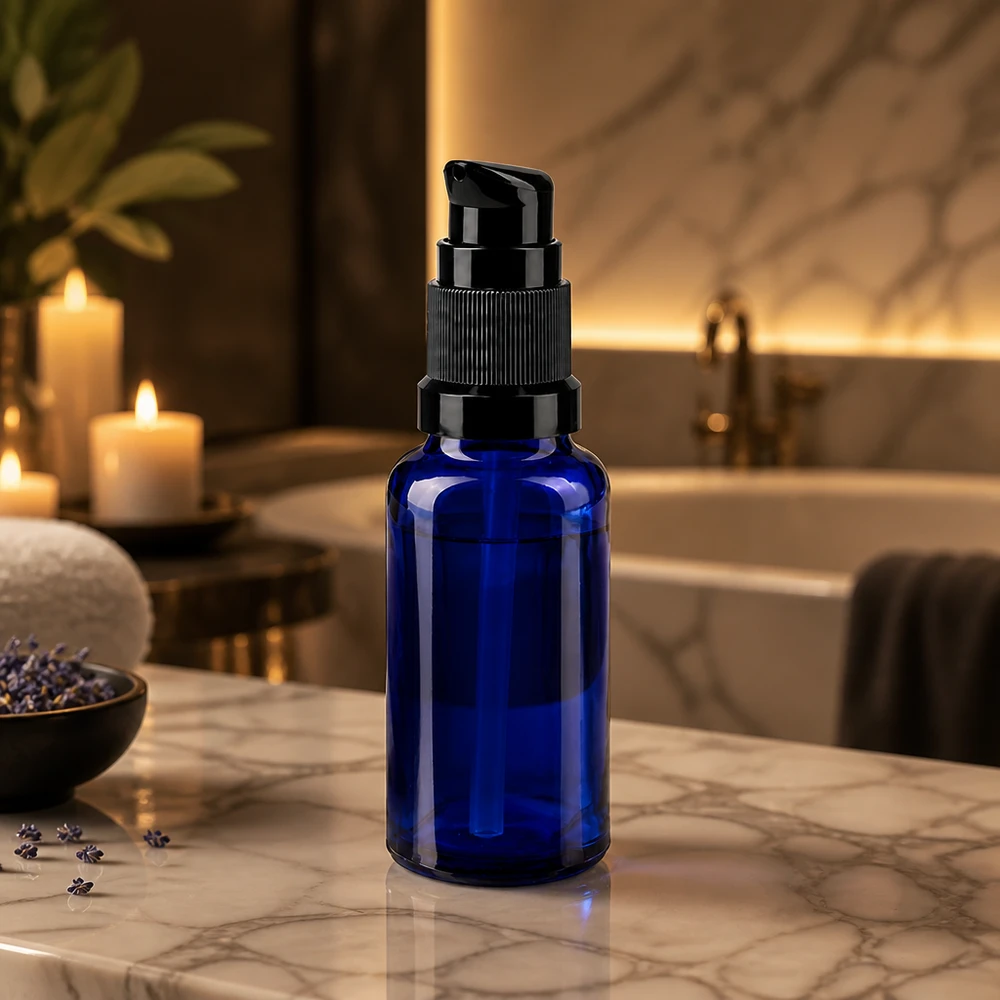 Apteekkipullo sininen 20ml pumppukorkki musta standardi 20 ml:n pumppupullo koboltinsinisestä apteekkilasista, jossa on musta pumppupää marmoripohjalla