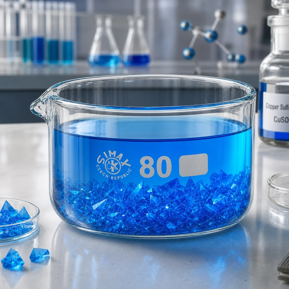 150ml kiteytysmalja, jossa on suulake borosilikaatti ø80mm 150 ml:n kiteytysastia, jossa on sinisiä kuparisulfaatti (CuSO₄) -kiteitä, laboratoriokäyttöön, halkaisija 80 mm