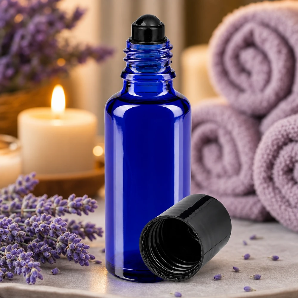 Apteekkipullo sininen 30ml roll-on korkki musta Koboltinsininen 30 ml:n rullapullo apteekkilasista, jossa on musta korkki, laventelikukkien ja kynttilöiden vieressä
