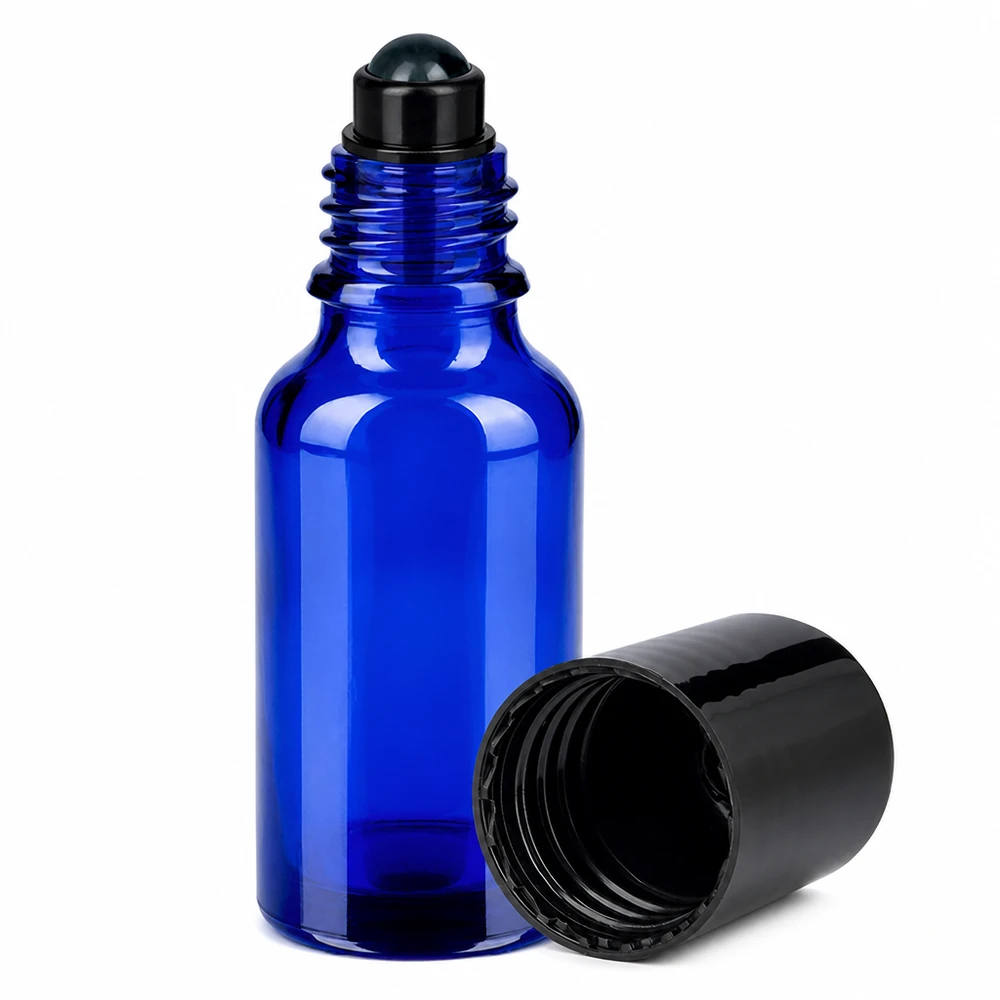 20ml roll-on-pullo musta vakiokorkki BlueLine UT18/20 Roll-on lasipullo 20ml sinisellä ja mustalla pallokorkilla tarkkaa levitystä varten.