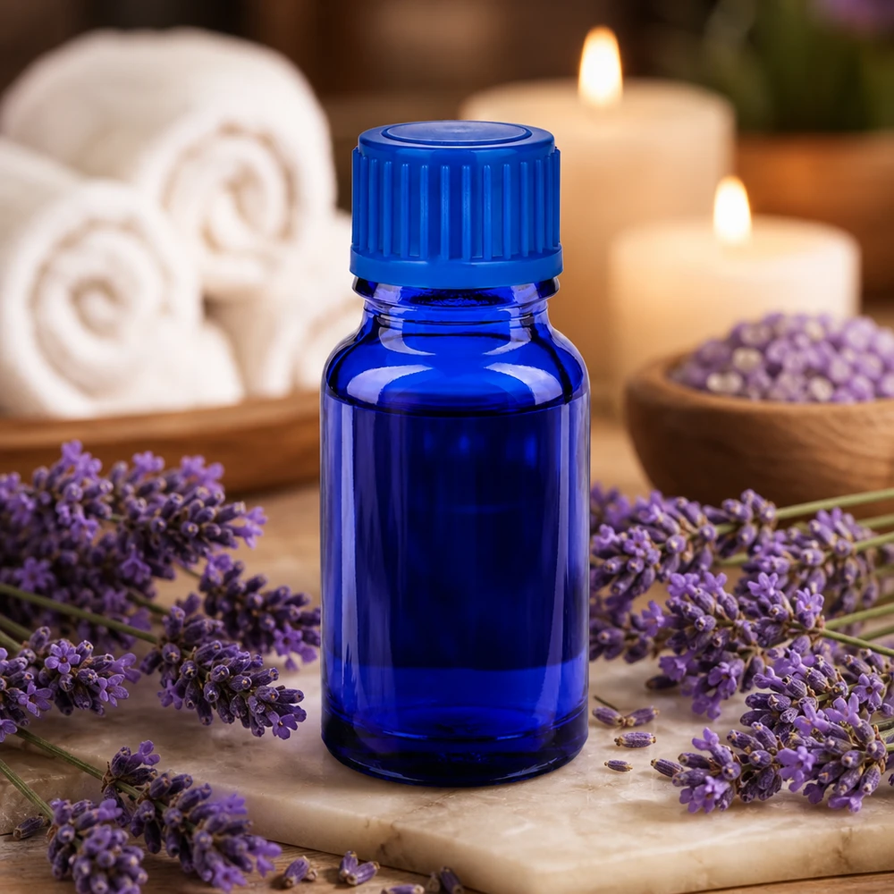 Sininen 10ml lasipullo BlueLine-sarja 11mm standardikorkilla aromaterapiaan.